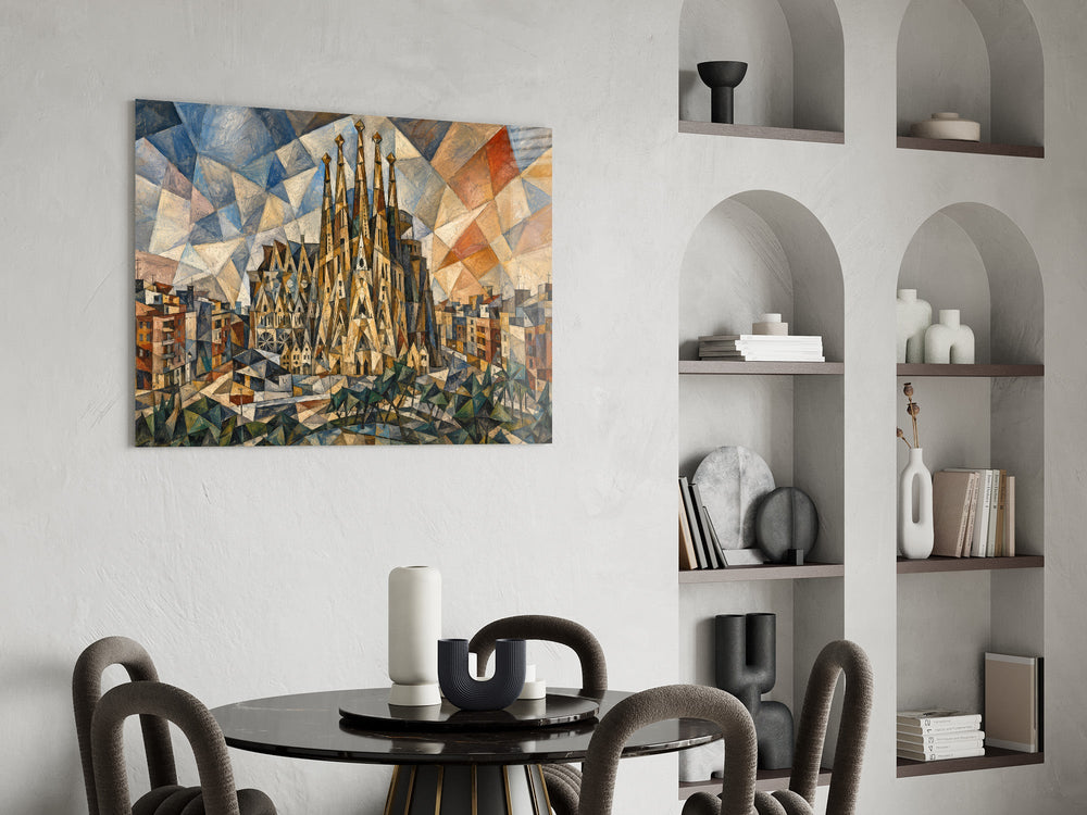 Sagrada Familia glass wall art shown in a warm, styled interior setting