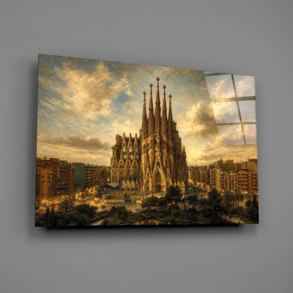 Sagrada Familia glass wall art mounted flat on a grey wall