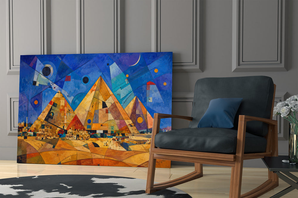 Pyramids of Giza glass wall art hanging as a focal point in a modern room
