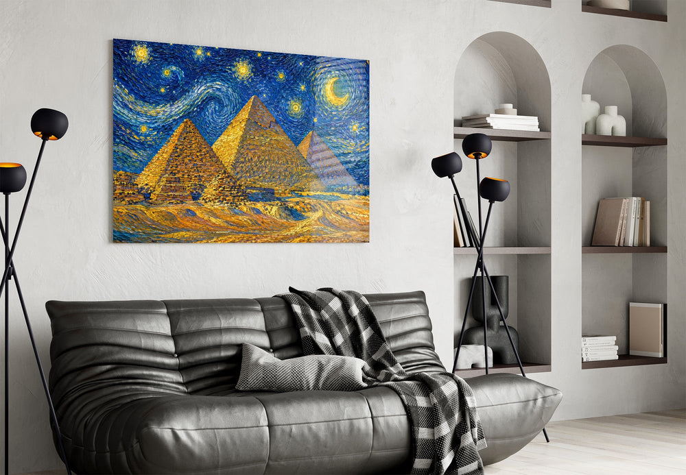 Pyramids of Giza glass wall art styled in a contemporary living room
