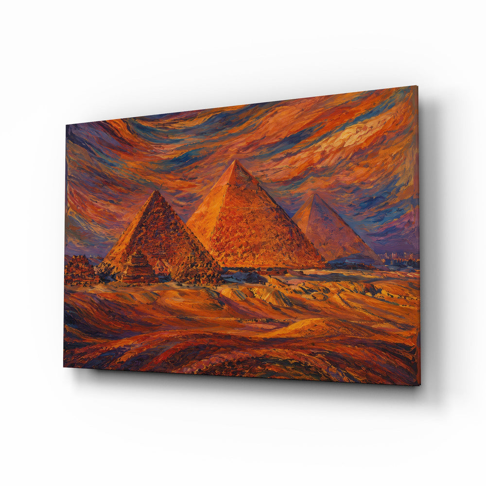 Pyramids of Giza glass wall art, angled view of the tempered glass panel