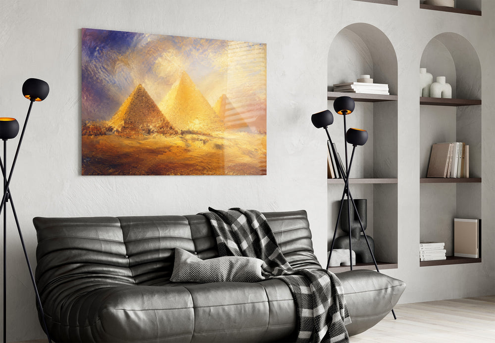 Pyramids of Giza glass wall art styled in a contemporary living room