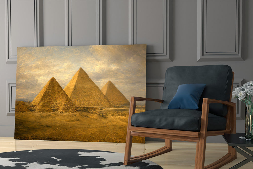 Pyramids of Giza glass wall art hanging as a focal point in a modern room