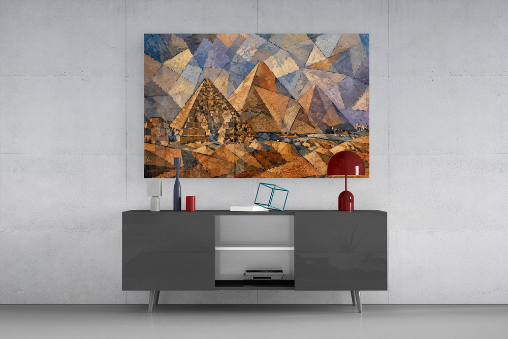 Pyramids of Giza glass wall art displayed above a console in a modern interior