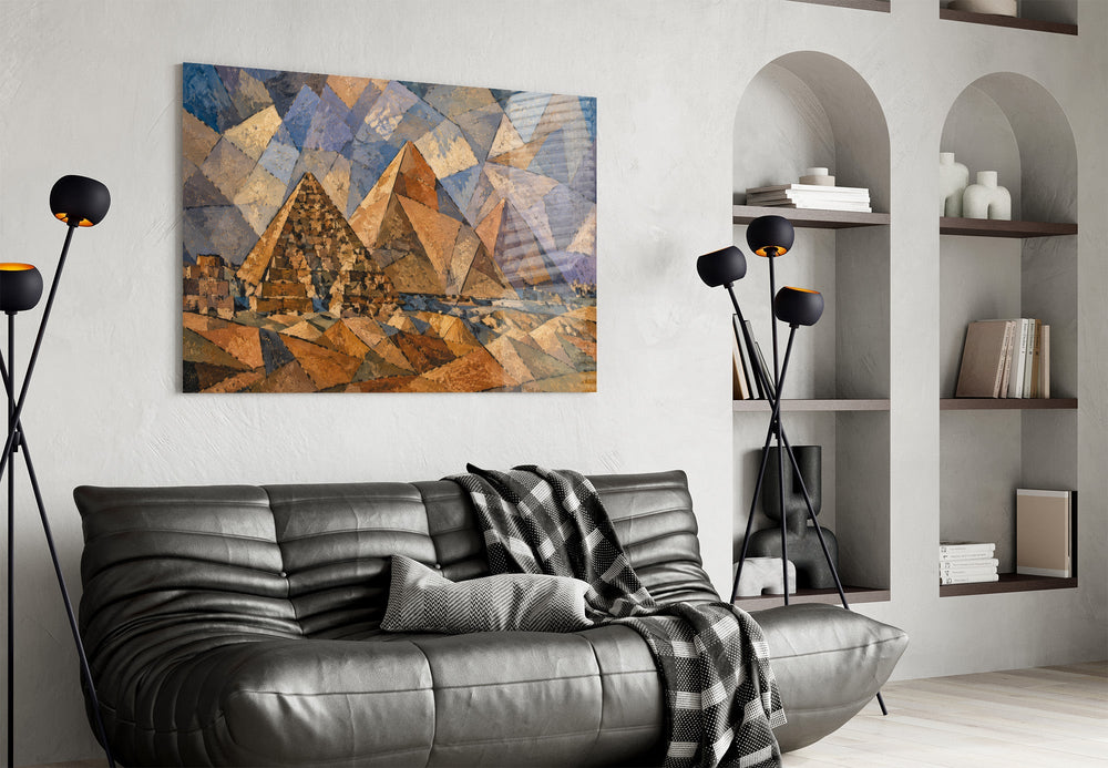 Pyramids of Giza glass wall art styled in a contemporary living room