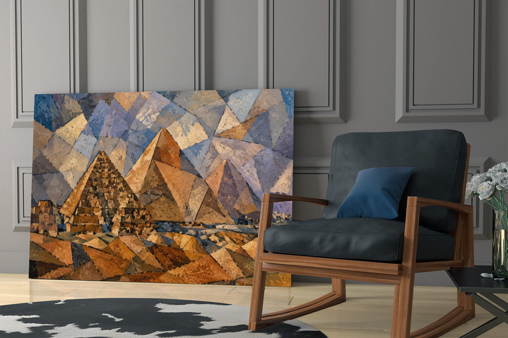 Pyramids of Giza glass wall art hanging as a focal point in a modern room
