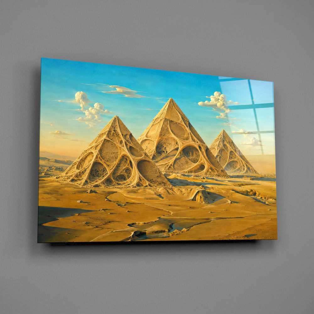Pyramids of Giza glass wall art mounted flat on a grey wall