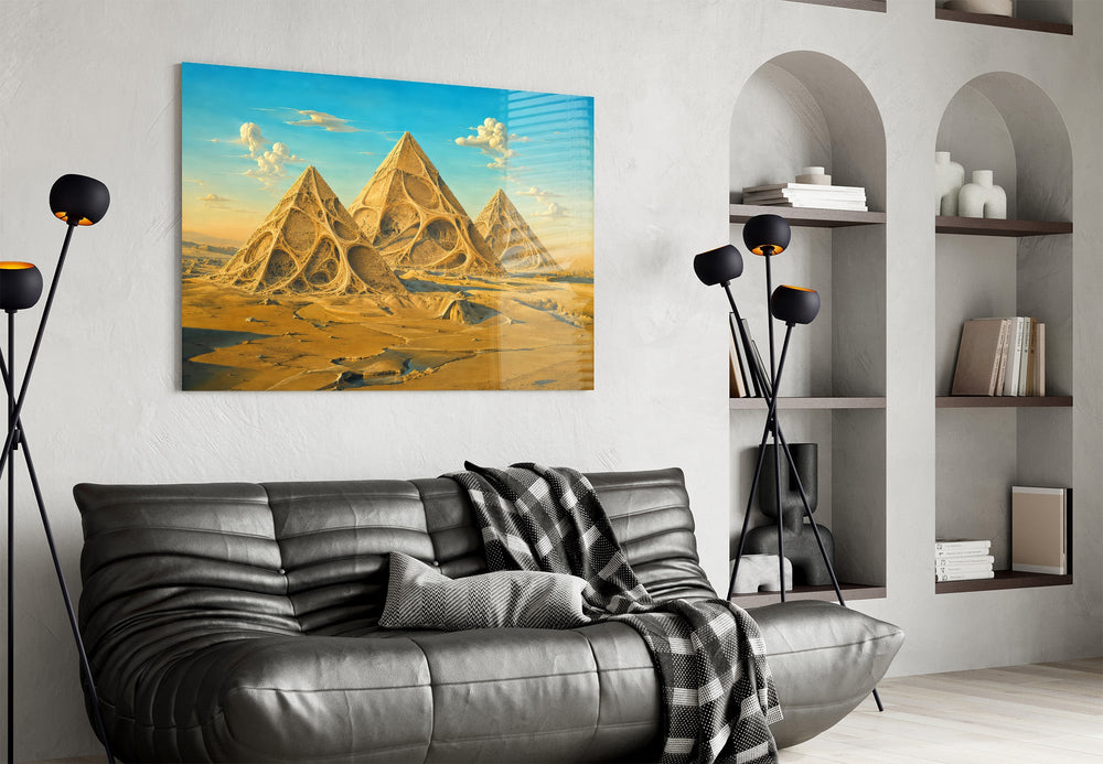 Pyramids of Giza glass wall art styled in a contemporary living room