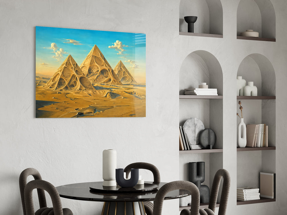 Pyramids of Giza glass wall art shown in a warm, styled interior setting