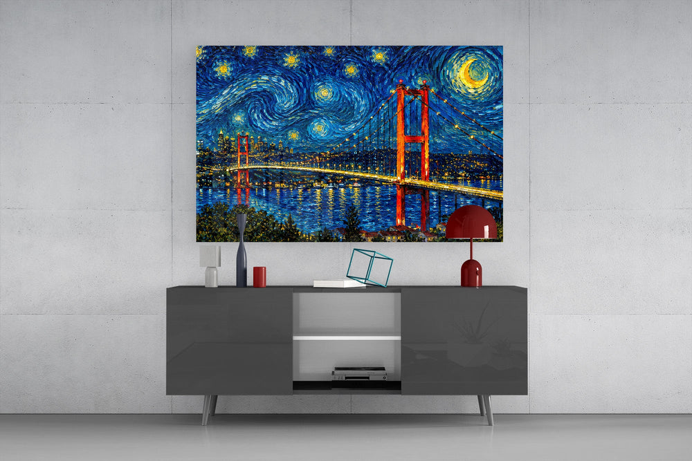 Istanbul Bosphorus Bridge glass wall art displayed above a console in a modern interior