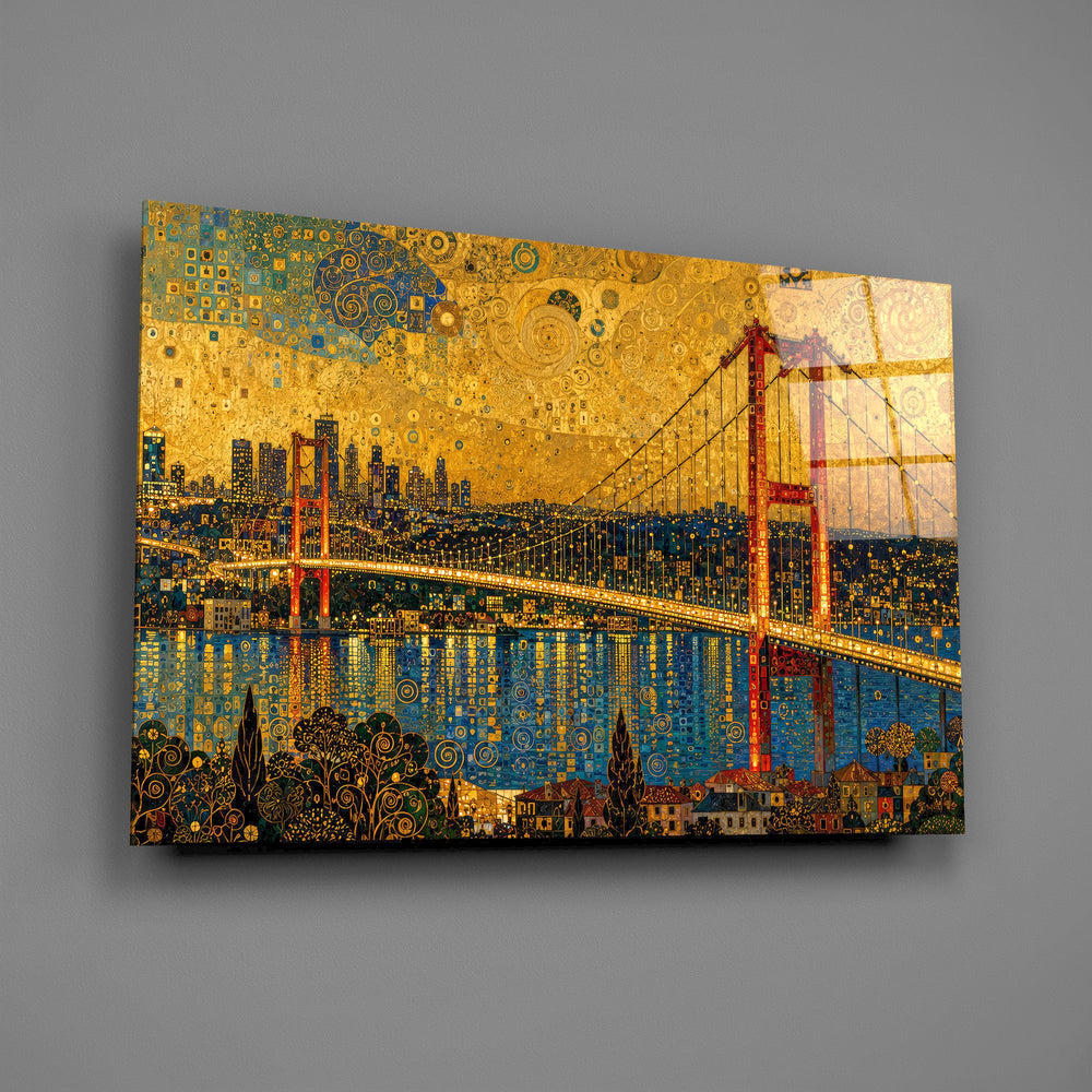 Istanbul Bosphorus Bridge glass wall art mounted flat on a grey wall