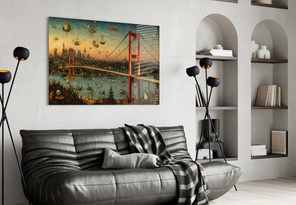 Istanbul Bosphorus Bridge glass wall art styled in a contemporary living room
