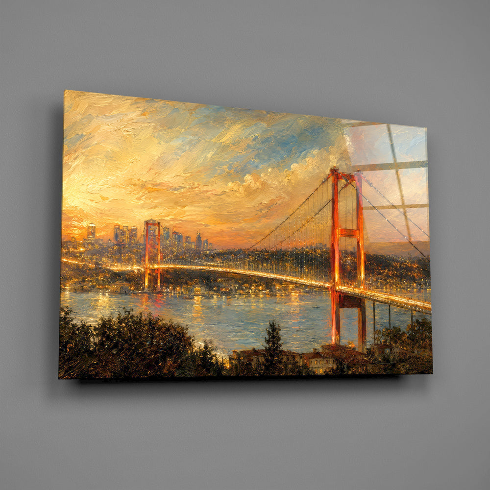 Istanbul Bosphorus Bridge glass wall art mounted flat on a grey wall