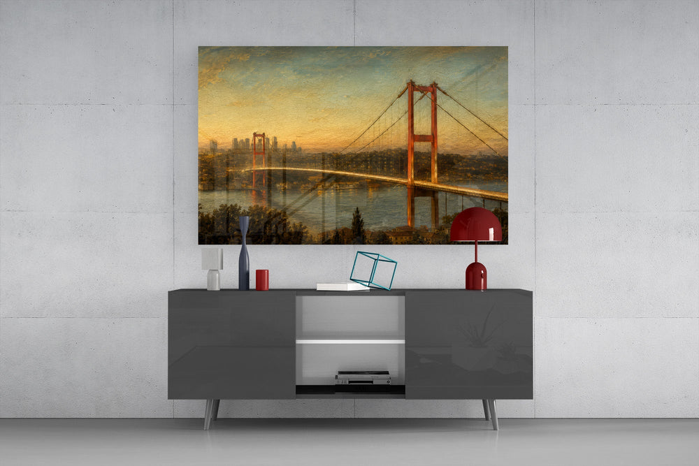Istanbul Bosphorus Bridge glass wall art displayed above a console in a modern interior