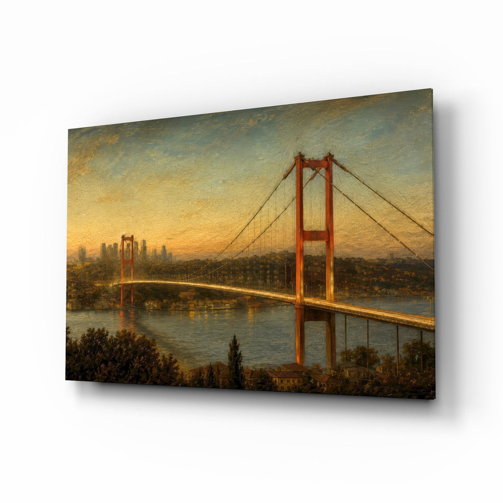 Istanbul Bosphorus Bridge glass wall art, angled view of the tempered glass panel