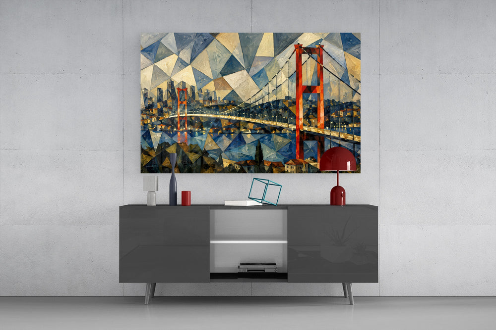 Istanbul Bosphorus Bridge glass wall art displayed above a console in a modern interior