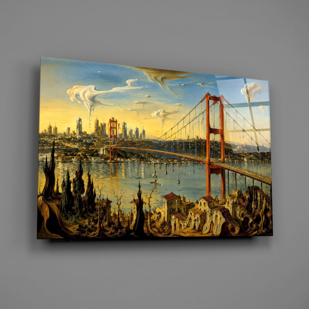 Istanbul Bosphorus Bridge glass wall art mounted flat on a grey wall