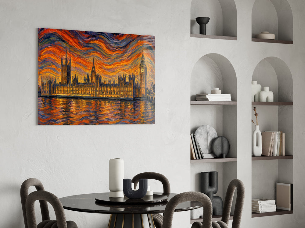 Big Ben Westminster glass wall art shown in a warm, styled interior setting