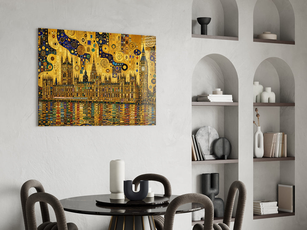 Big Ben Westminster glass wall art shown in a warm, styled interior setting