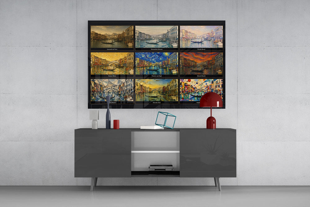 Venice Grand Canal glass wall art displayed above a console in a modern interior