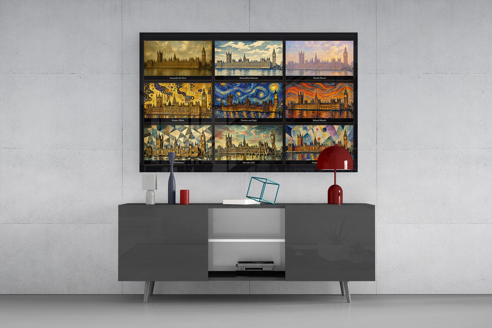 Big Ben Westminster glass wall art displayed above a console in a modern interior