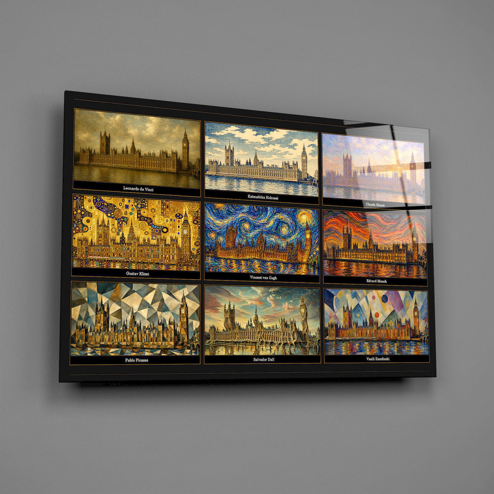 Big Ben Westminster glass wall art mounted flat on a grey wall