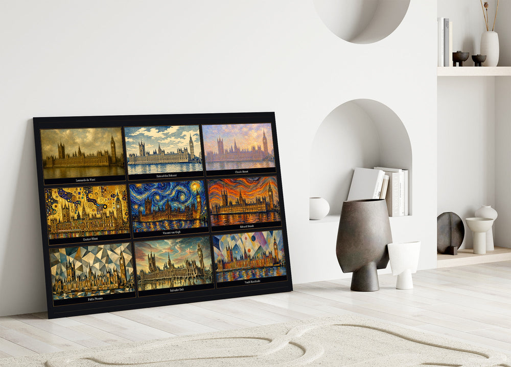 Big Ben Westminster glass wall art leaning against a wall in a minimalist interior