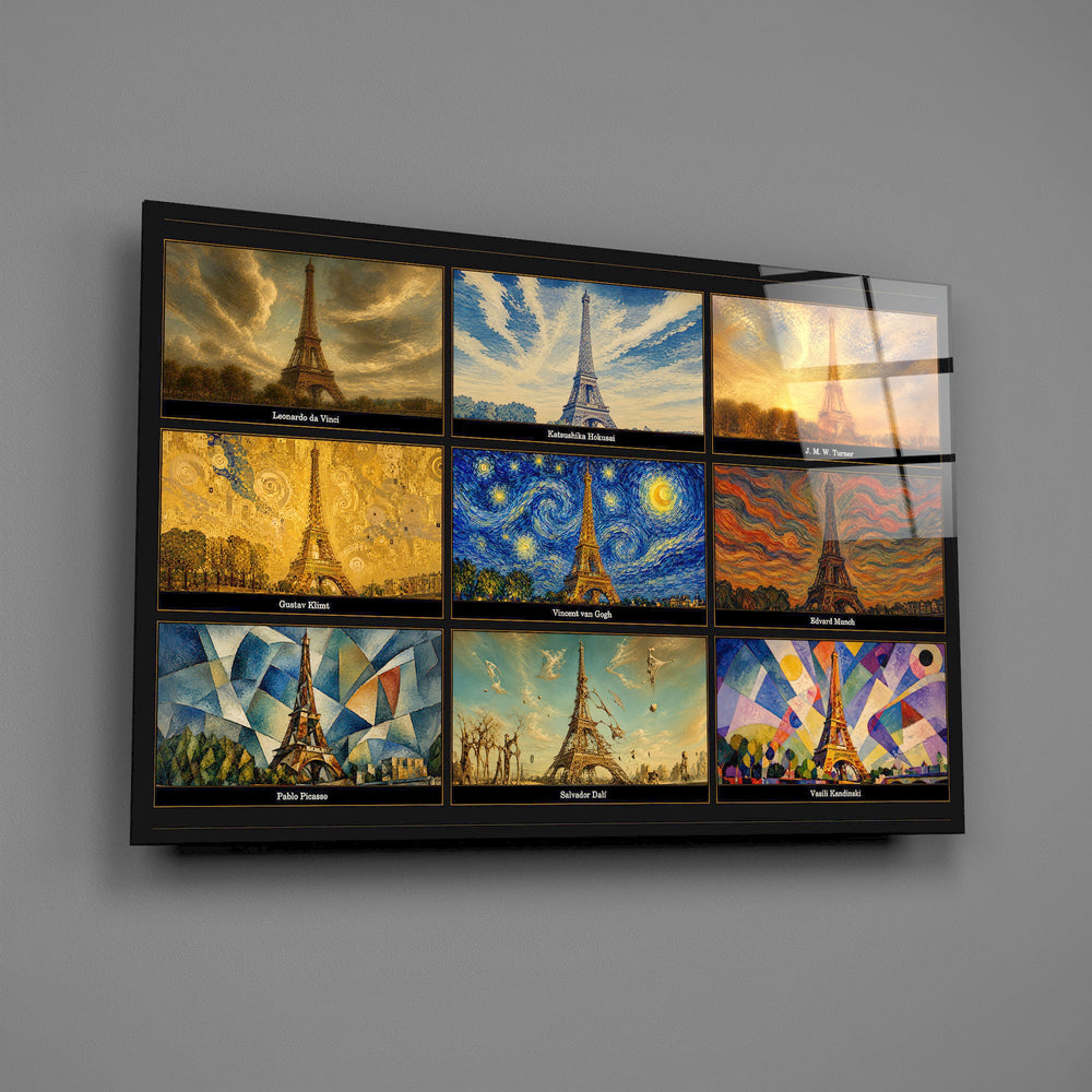 Eiffel Tower nine-style collage glass wall art angled to show the polished tempered glass panel