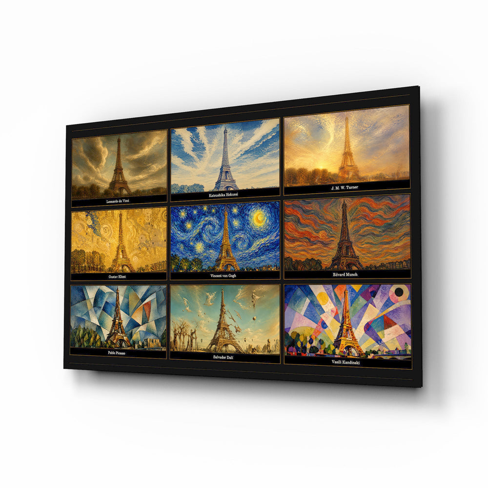 Eiffel Tower nine-style collage glass wall art, angled product view