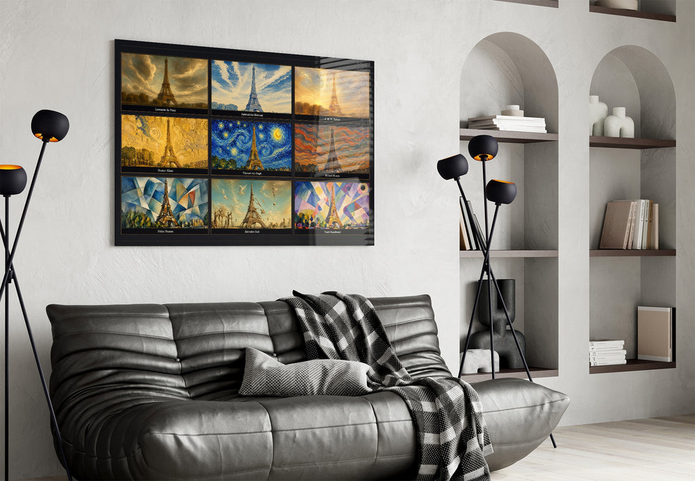 Eiffel Tower nine-style collage glass wall art styled in a contemporary living room