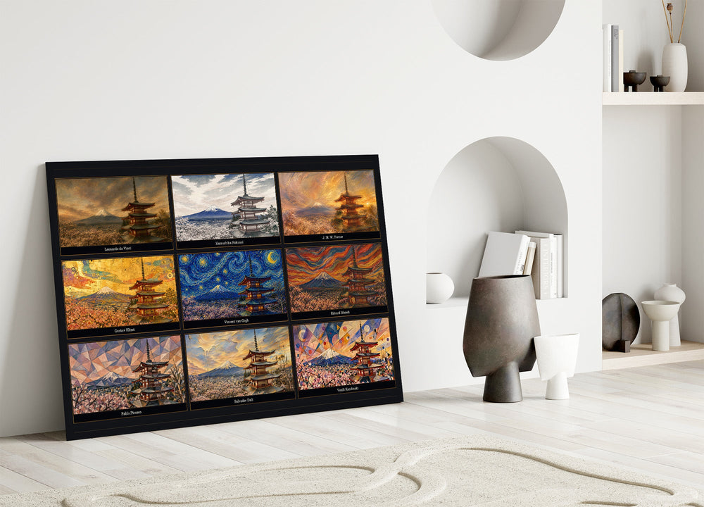 Mount Fuji & Chureito Pagoda nine-style collage glass wall art leaning against a wall in a minimalist interior