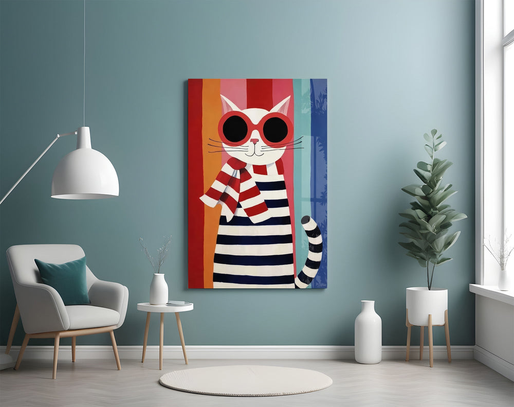 Striped Cat in Red Sunglasses Naive Art Glass Wall Art