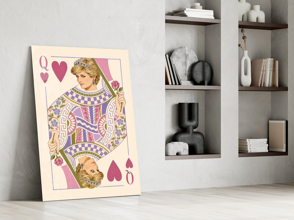 Queen of Hearts Royal Card Illustration Glass Wall Art