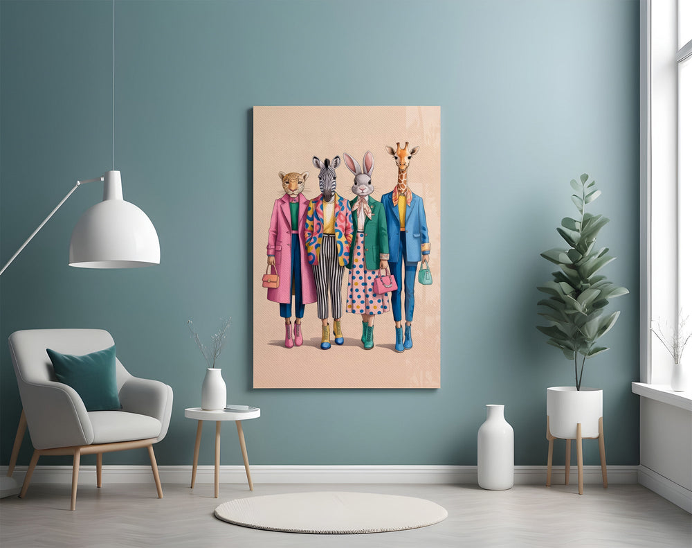 Animal Heads in Fashion Illustration Glass Wall Art