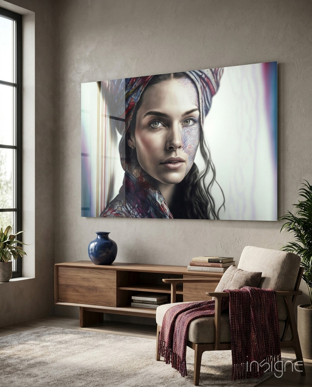 Girl with a Tattoo Glass Wall Art || Designer Collection - Lifestyle preview in a designer interior