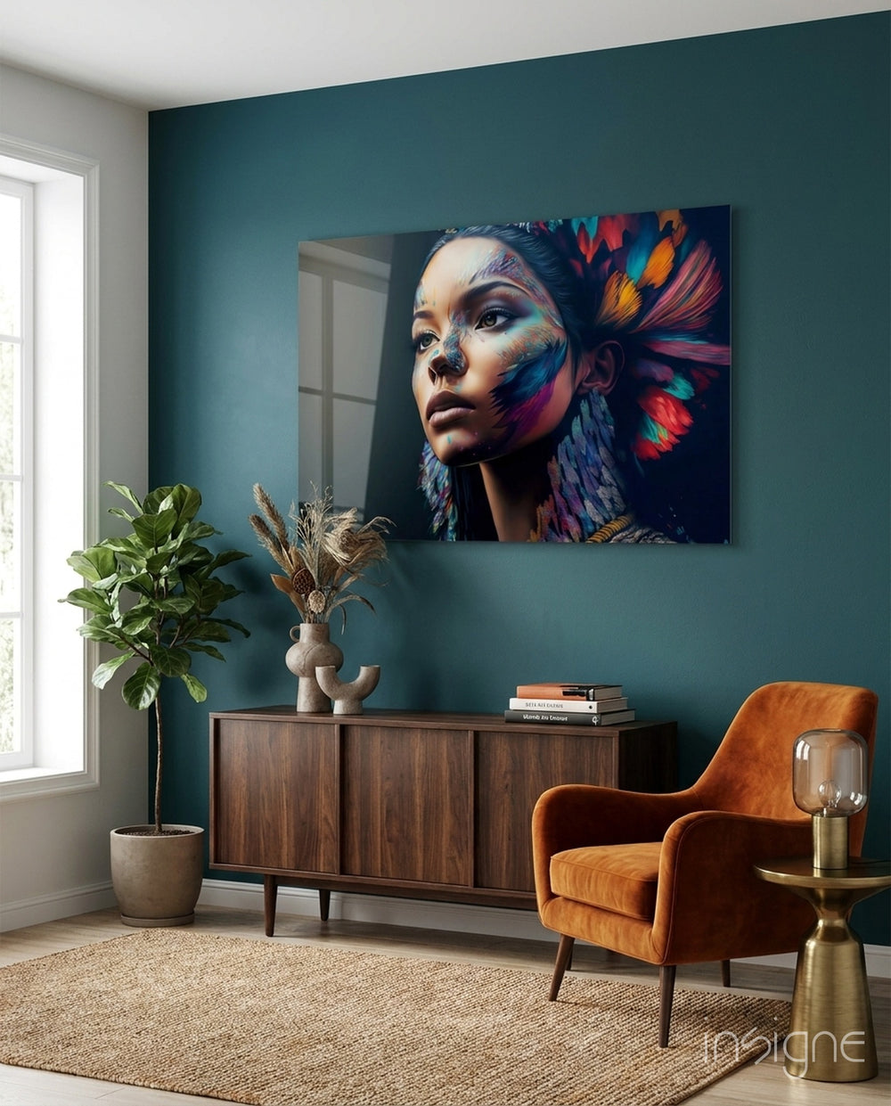 Girl with a Tattoo Glass Wall Art || Designer Collection - Lifestyle preview in a designer interior