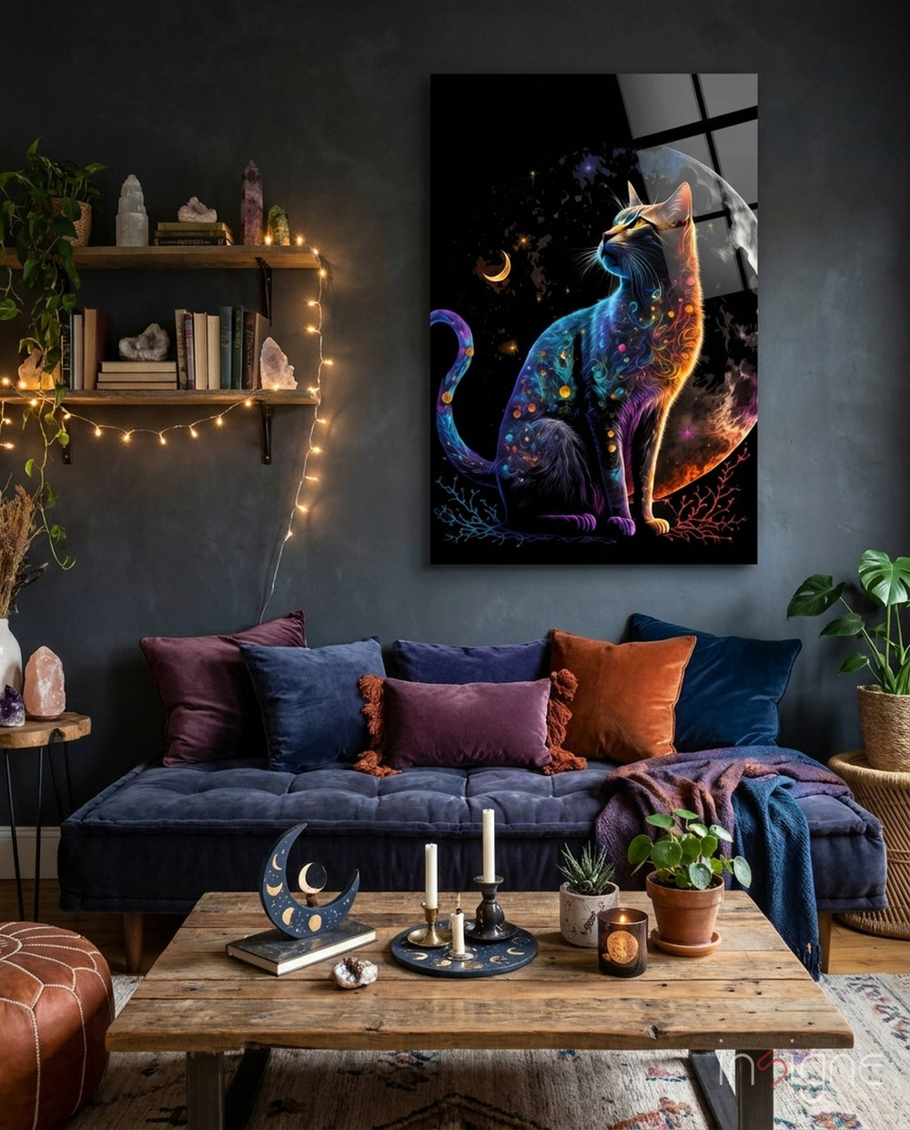 Moon Cat Glass Wall Art || Designer Collection - Lifestyle preview in a designer interior