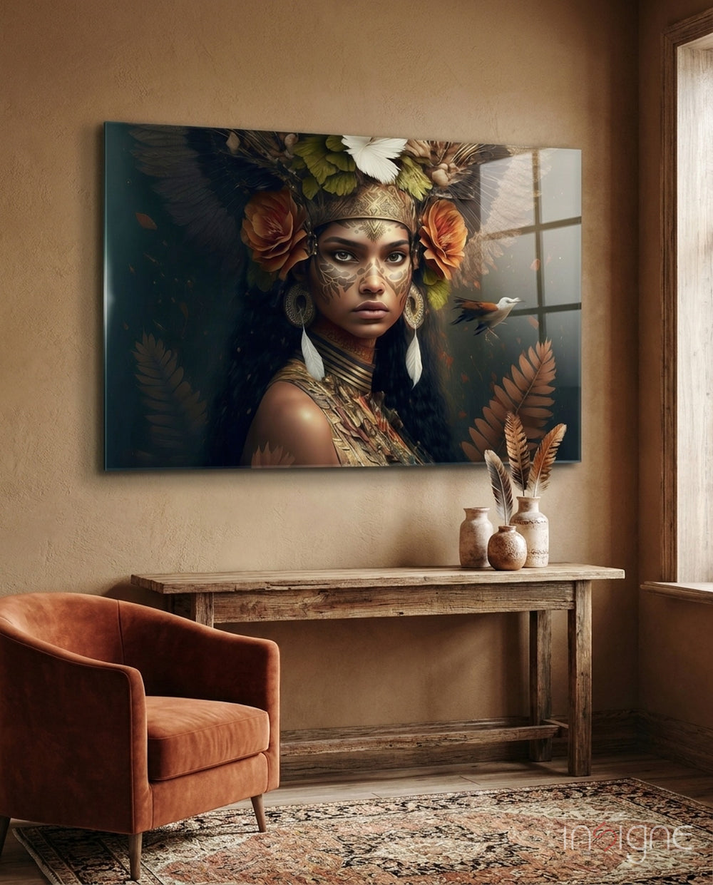 Princess of Flowers Glass Wall Art || Designer Collection - Lifestyle preview in a designer interior