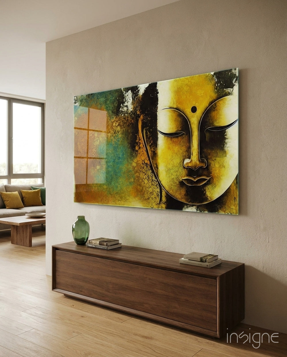 Buddha Glass Wall Art || Designer Collection - Lifestyle preview in a designer interior