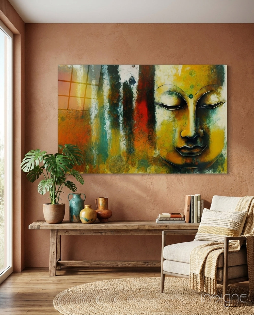 Buddha Glass Wall Art || Designer Collection - Lifestyle preview in a designer interior