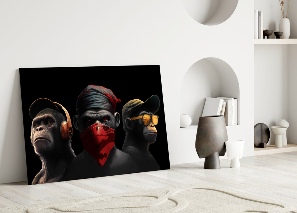 3 Wise Monkey close-up showing red bandana ape flanked by headphone and cap apes