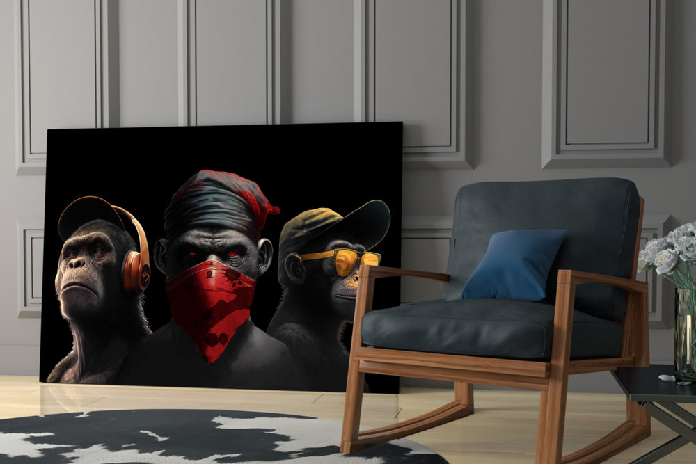 3 Wise Monkey glass print enhancing a teen lounge with cinematic mood