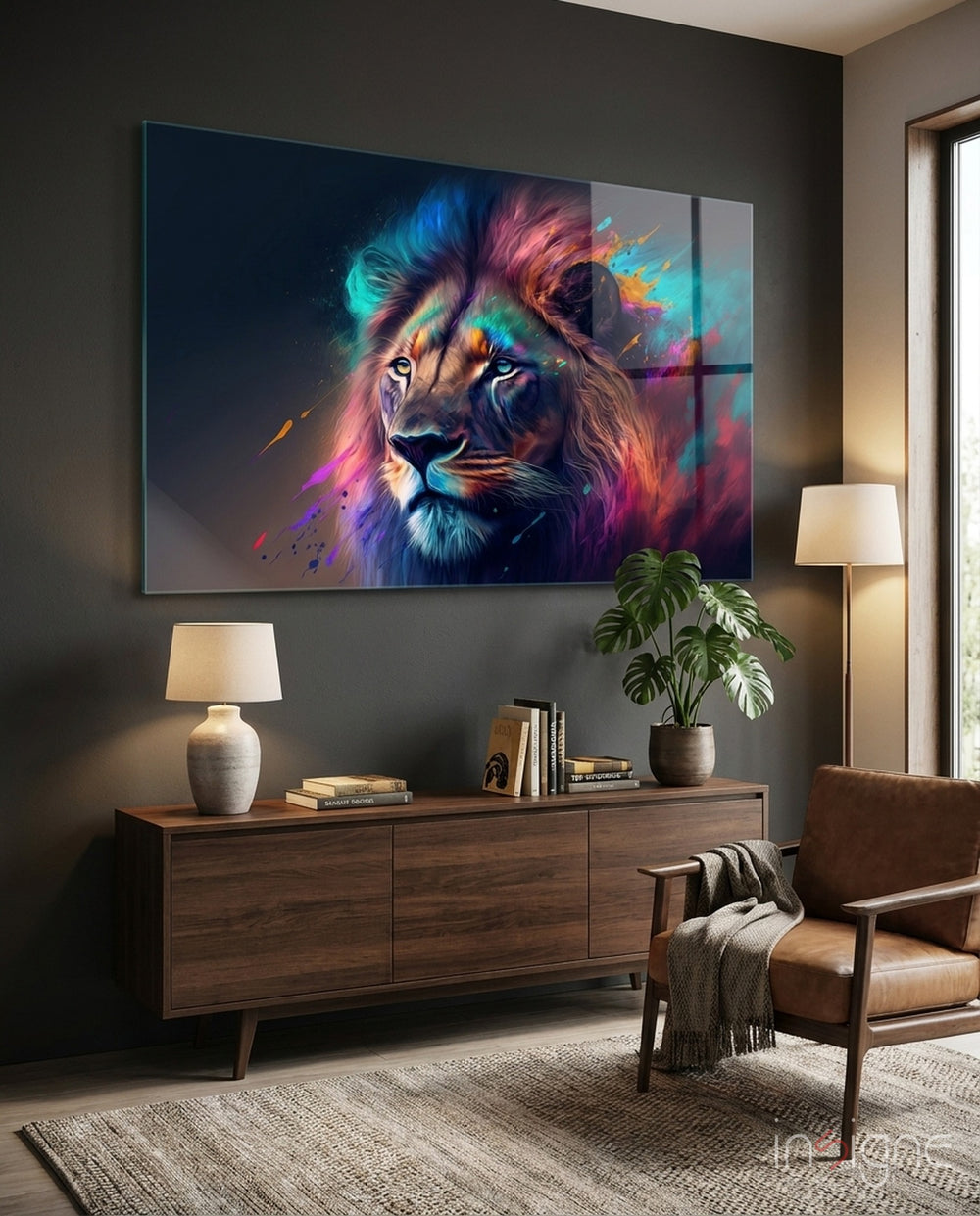 Nobility of the Lion Glass Wall Art || Designer Collection - Lifestyle preview in a designer interior