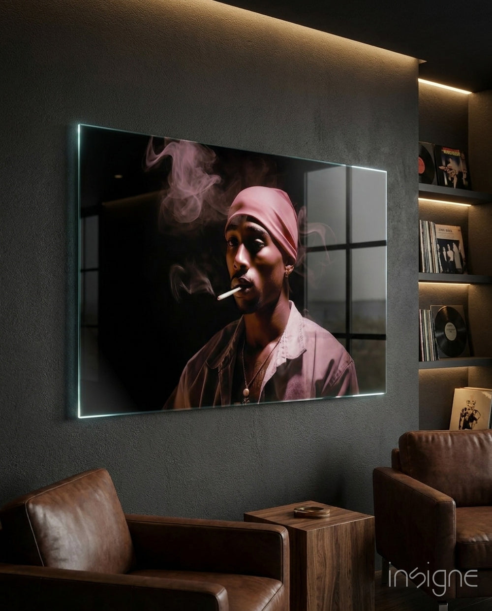 Tupac glass wall art displayed above a bar cart in a man cave