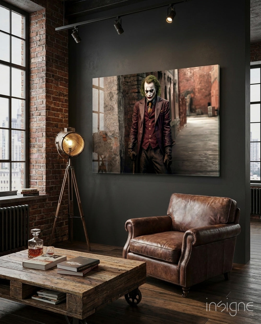 Joker glass wall art displayed above a leather sofa in a man cave