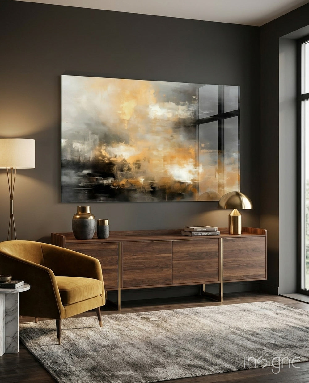 Abstract glass wall art displayed above a sideboard in a living room