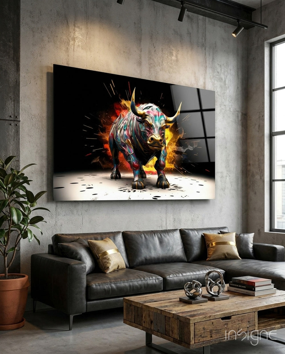 Bull glass wall art displayed above a leather sofa in a man cave