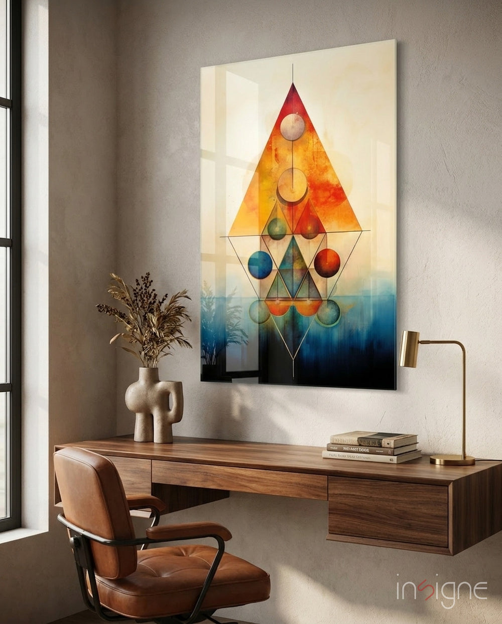 Harmony of Shapes glass wall art displayed above a desk in a study