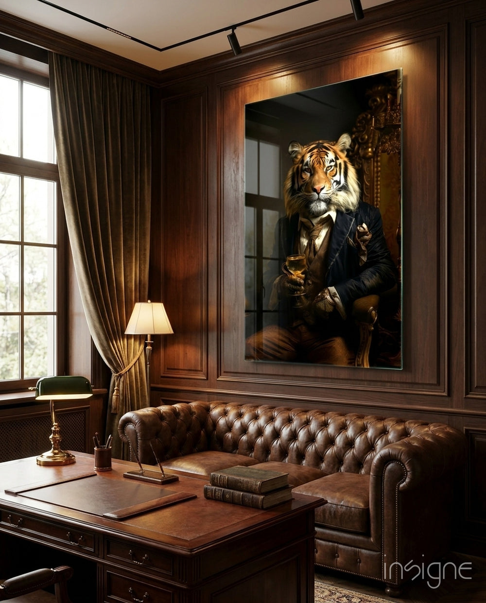 Gentleman glass wall art displayed above a sofa in a library