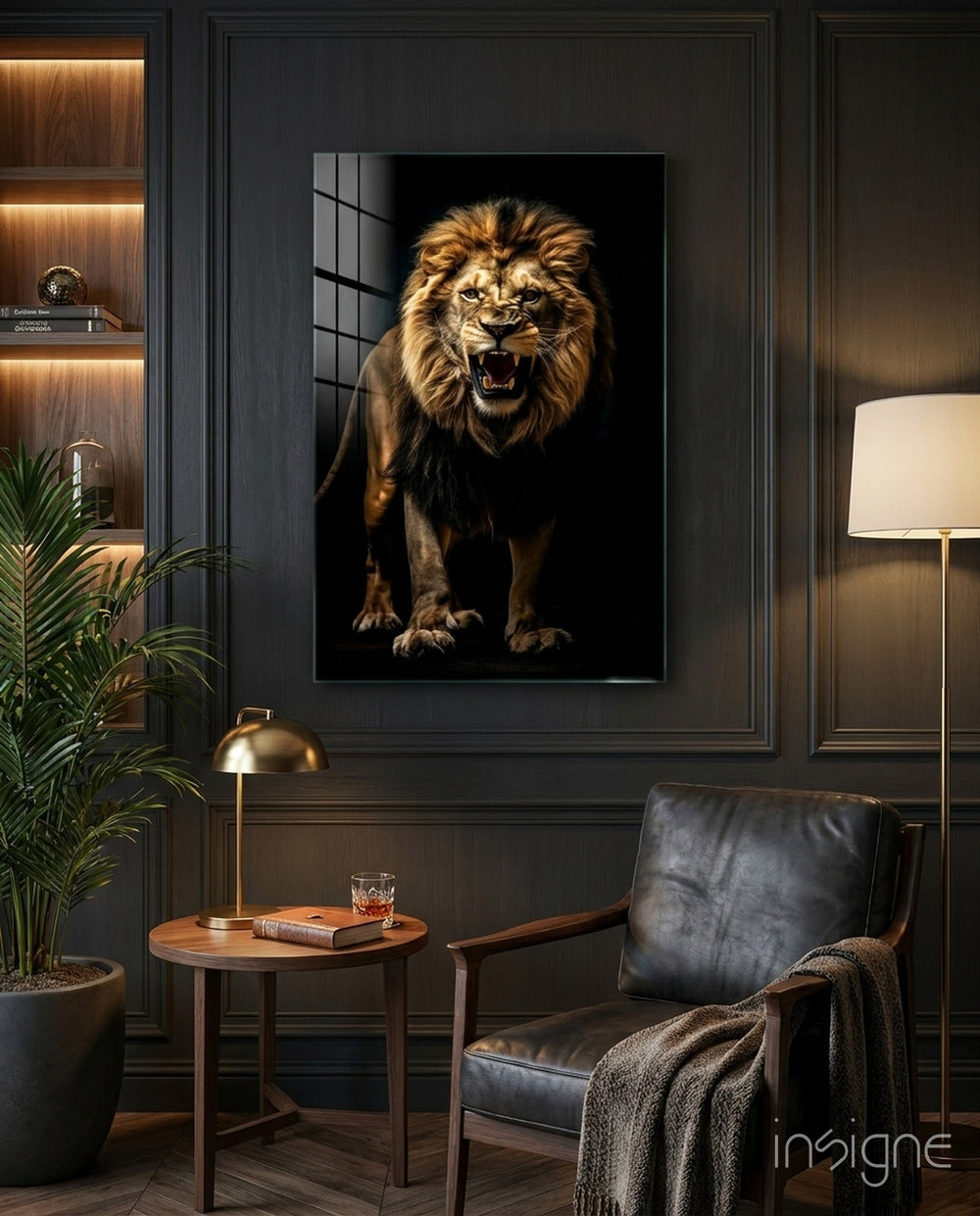 Lion in the Dark glass wall art displayed above a sideboard in a man cave